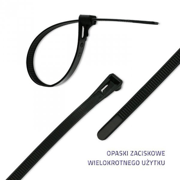 Qoltec Opaski zaciskowe wielorazowe/trytytki | 7.2*350mm | Nylon UV |   Czarne