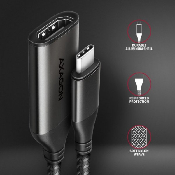 AXAGON RVC-HI2M Adapter aktywny USB-C -&gt; HDMI 2.0 4K/60Hz Aluminum, 25cm kabel