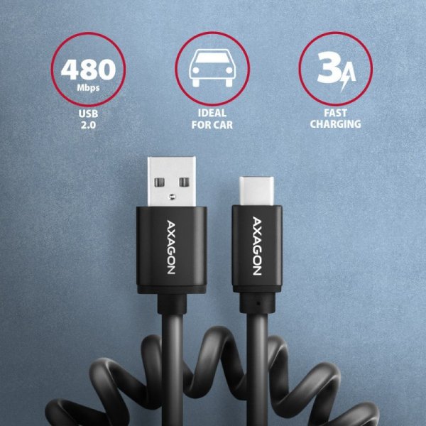 AXAGON BUCM-AM20TB Kabel Twister USB-C - USB-A, 1.1m, USB2.0 3A, ALU, czarny