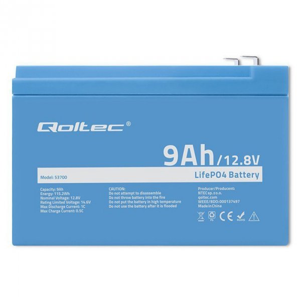 Qoltec Akumulator LiFePO4 Litowo-Żelazowo-Fforanowy | 12.8V | 9Ah |     115.2Wh | BMS