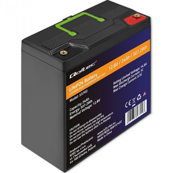 Qoltec Akumulator LiFePO4 Litowo-Żelazowo-Fosforanowy | 12.8V | 24Ah |  307.2Wh | BMS