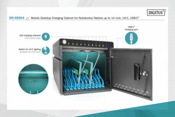 Digitus Szafa mobilna desktopowa do ładowania notebooków/tabletów do 14&quot; z UV-C i USB-C