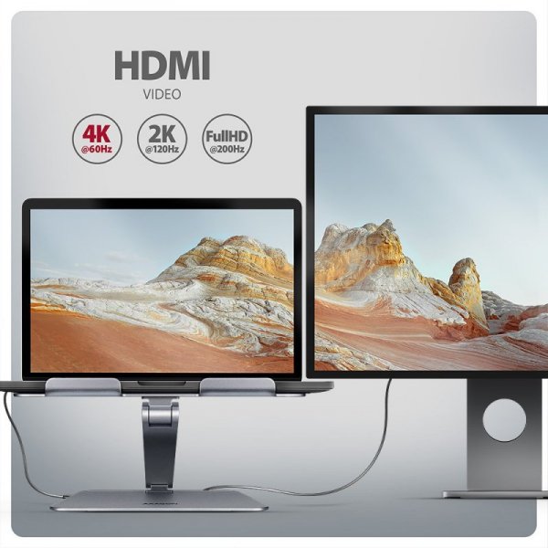AXAGON HMC-STND Stojak z wieloportowy hub Aluminiowy 7in1, 5Gbps, do 10&quot;-16&quot; cali laptopów, nastawny, 3x USB-A, HDMI 4
