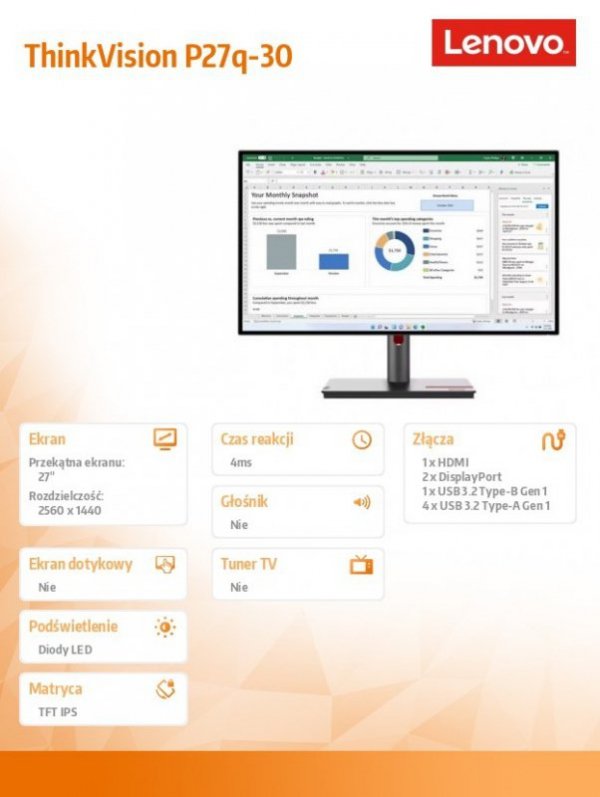 Lenovo Monitor 27 cali ThinkVision P27q-30 WLED LCD 63A2GAT1EU