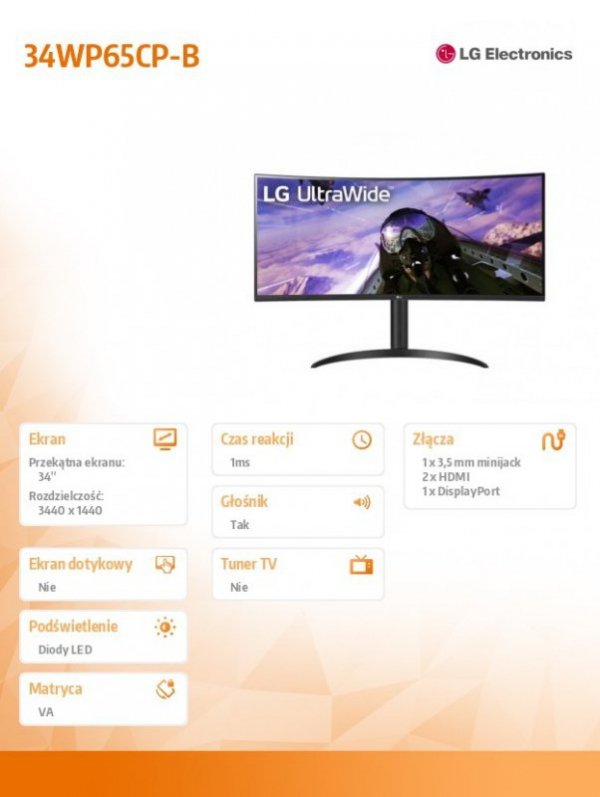 LG Electronics Monitor 34WP65CP-B 34 cale UltraWide QHD HDR10 FreeSync