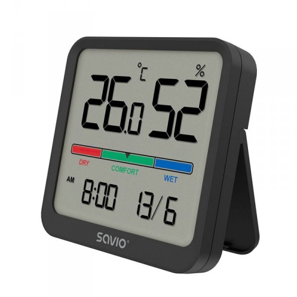 Savio Czujnik temperatury i wilgotności, do użytku wewnętrznego, ekran LCD, zegar, data, uchwyt z magnesem, CT-01/B Czarny