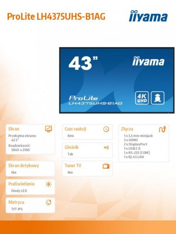 IIYAMA Monitor 42.5 cala ProLite LH4375UHS-B1AG, 24/7,IPS,ANDROID.11,4K,500cd/m2,WiFi,3xHDMI,DP,Daisy/Chain,2xUSB,2x10W,RJ45,iiS