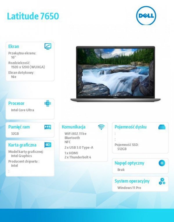 Dell Notebook Latitude 7650 Win11Pro Ultra 7 165U/32GB/512GB SSD Gen4/16 FHD+/Int/FgrPr&SmtCd/FHD/IR Cam/Mic/WLAN+BT/Backlit Kb/