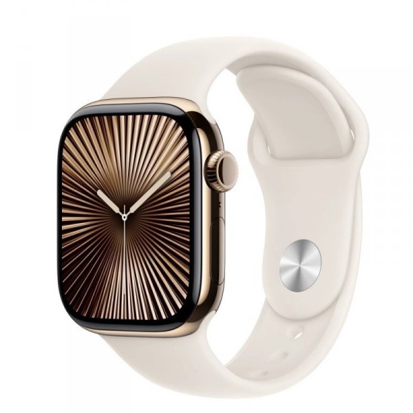 Apple Watch Series 10 GPS + Cellular, koperta 42 mm z tytanu w kolorze złotym z paskiem sportowym w kolorze księżycowej poświaty
