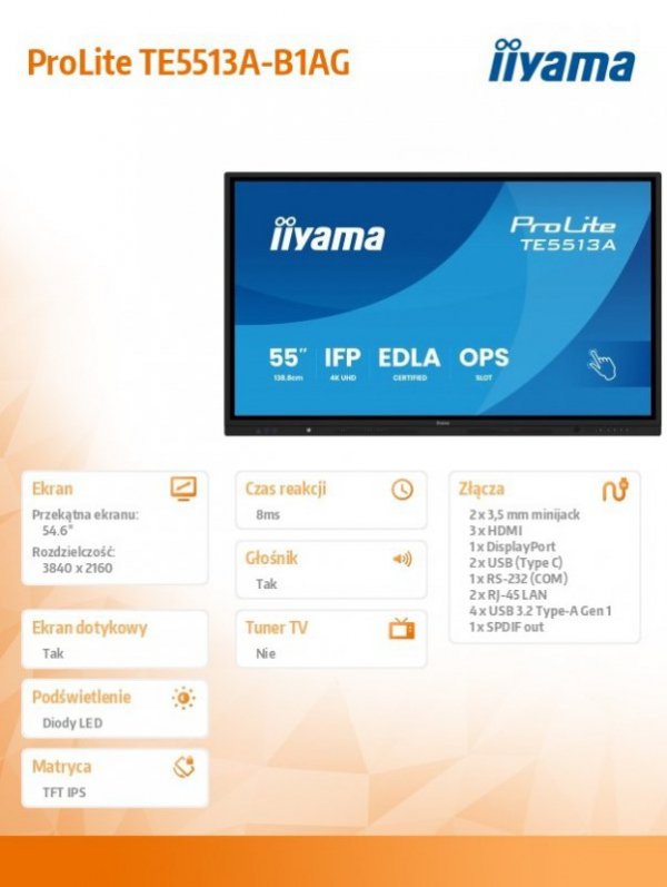 IIYAMA Monitor 55 cali TE5513A-B1AG INFRARED,40pkt,IPS,4K,7H,450cd/m2,      WiFi,USB, ANDROID 14, Google EDLA,2x20W, UCHWYT CIEN