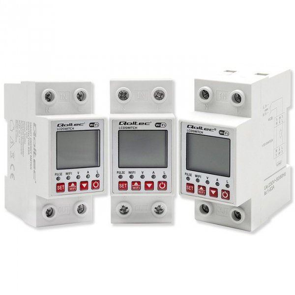 Qoltec Przekaźnik 63A na szynę DIN z licznikiem energii elektrycznej |  Timer | Tuya | Wi-Fi | LED                              