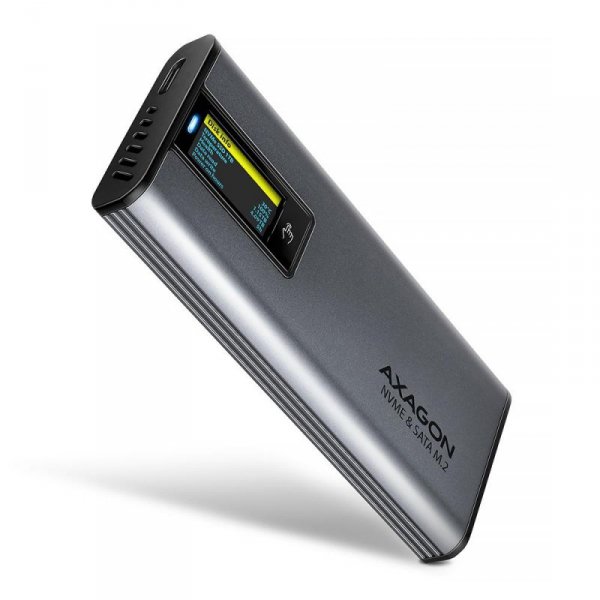 Obudowa zewnętrzna Axagon aluminiowa bezśrubowa, wyśw. LCD, do dysk&amp;oacute;w M.2 NVMe &amp;amp; SATA SSD/ USB-C 3.2 G2  szar