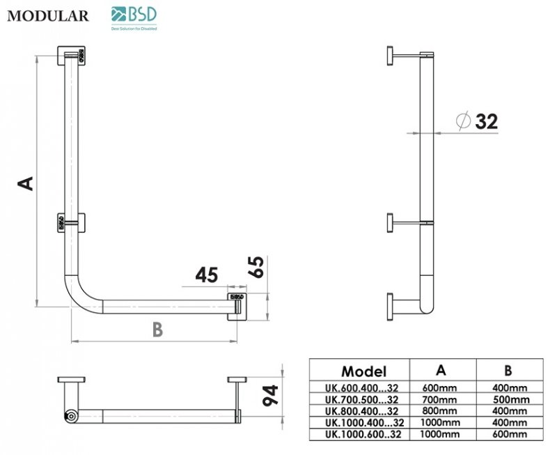 Winkelgriff für barrierefreies Bad 100/40 cm rechts montierbar aus rostfreiem Edelstahl ⌀ 32 mm MODULAR