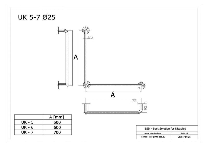 Winkelgriff 50/50 cm für barrierefreies Bad links/rechts montierbar weiß ⌀ 25 mm