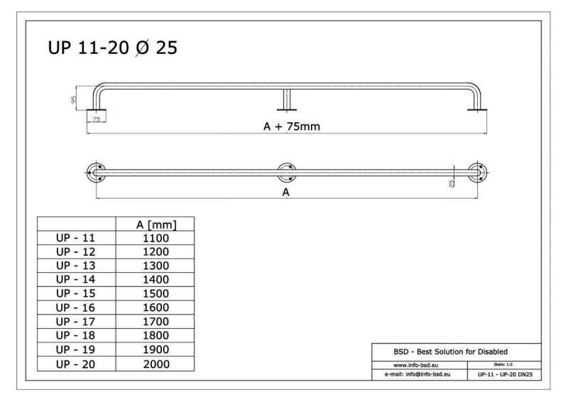 Gerader Handlauf für barrierefreies Bad 150 cm aus rostfreiem Edelstahl ⌀ 25 mm