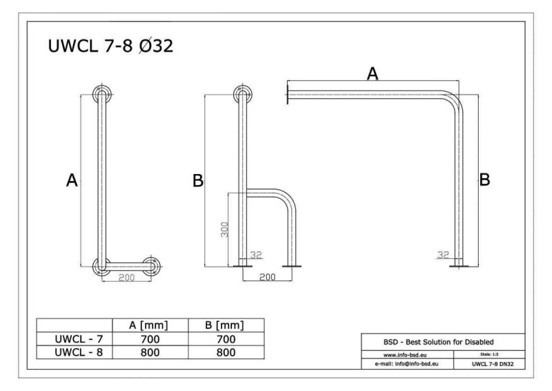 WC Stützgriff für barrierefreies Bad zur Wand-Boden-Montage links 80cm aus rostfreiem Edelstahl ⌀ 32 mit Abdeckrosetten mit Abdeckrosetten