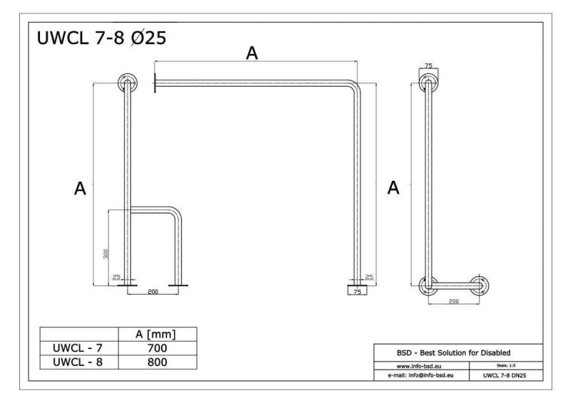 WC Stützgriff für barrierefreies Bad links montierbar 80 cm aus rostfreiem Edelstahl ⌀ 25 mm