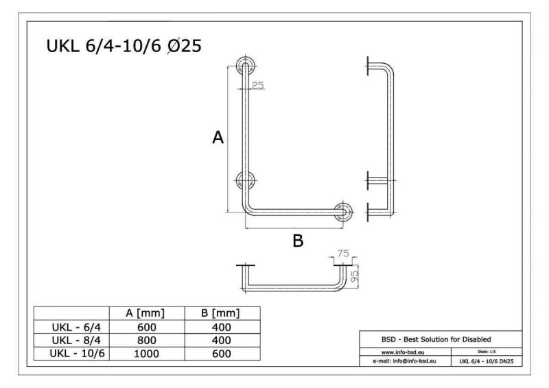 Winkelgriff für barrierefreies Bad 100/60 cm links montierbar aus rostfreiem Edelstahl ⌀ 25 mm