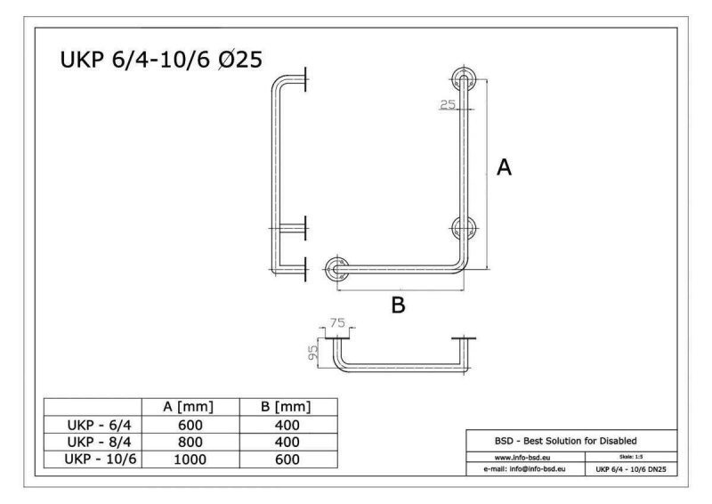 Winkelgriff für barrierefreies Bad 80/40 cm rechts montierbar aus rostfreiem Edelstahl ⌀ 25 mm