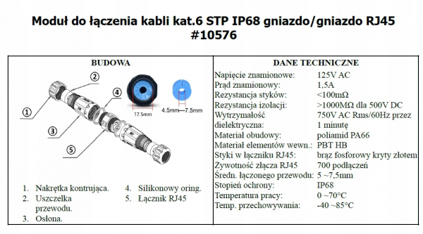 Łącznik mufa 2x gniazdo RJ45 STP kat.6 IP68 wodoodporny