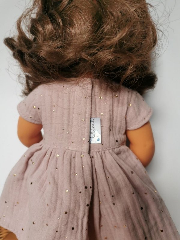 Olimi sukienka z muślinu rozgwieżdżone niebo na zgaszonym różu dla lalki Miniland 38cm 38SUK29