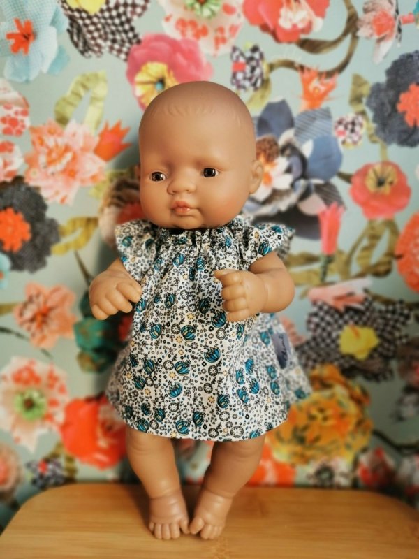 Olimi sukienka dla lalki Miniland 32cm turkusowe kwiatki
