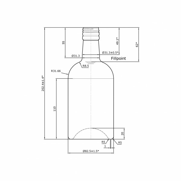 Rysunek techniczny: Szklana butelka Blanka 500 ml na alkohol w ofercie hurtowej.