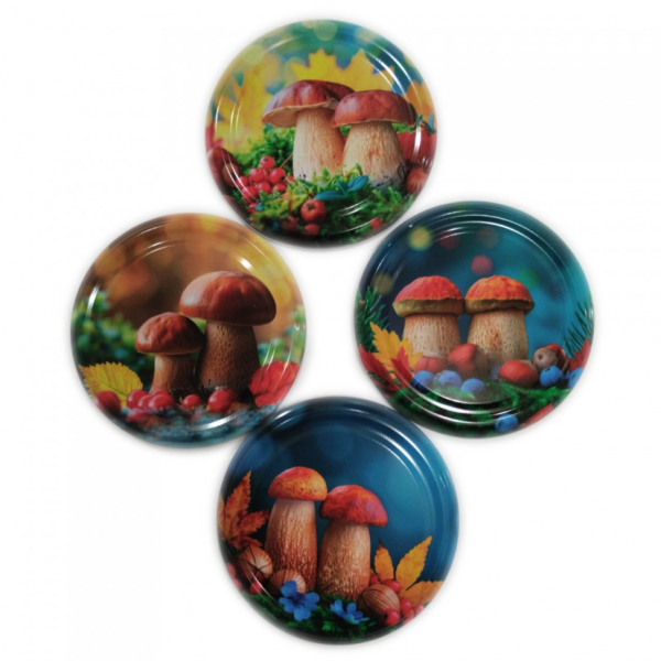Close-up of artistic TO-82 lids – mushrooms, berries, vegetables