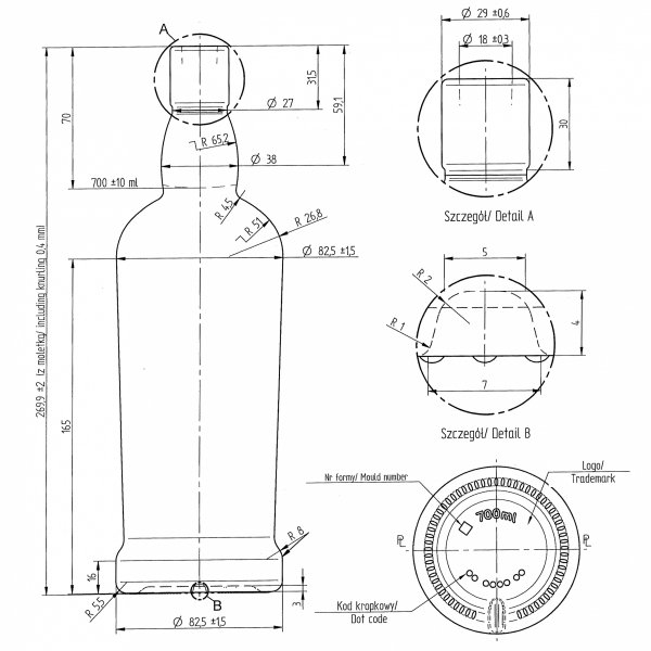 Rysunek techniczny: Szklana butelka GORA korek 700 ml na alkohol dostępna hurtowo