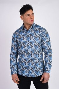 Koszula męska Slim CDR05 - niebieska 3D w kwiaty 