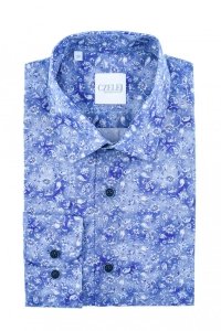 Koszula męska Slim CDR08 - 3D niebieska w roślinny wzór 