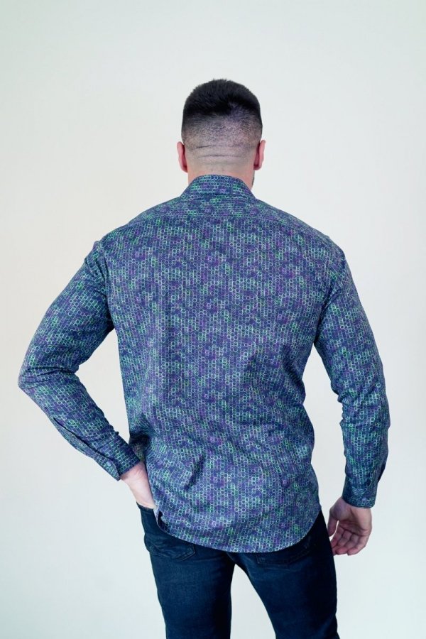 Koszula męska Slim CDR65 - 3D niebieska w geometryczny wzór