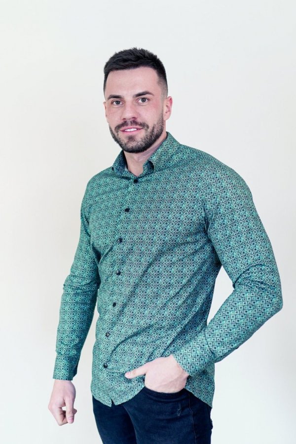 Koszula męska Slim CDR63 - 3D zielona w zielono-beżowy wzór