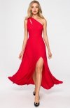 Błyszcząca czerwona długa sukienka z wycięciem M718