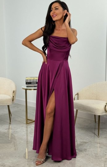 Elizabeth Rochel długa satynowa sukienka wieczorowa fioletowa