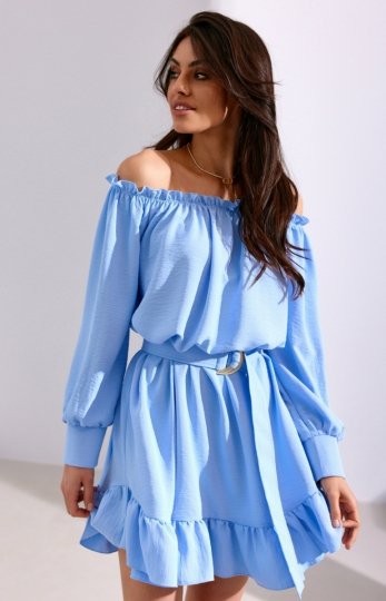 Sukienka hiszpanka z falbaną i regulowanym paskiem błękitna