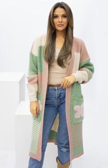 Oversizowy długi kardigan damski z kiszeniami Marbelio oliwka - polska marka