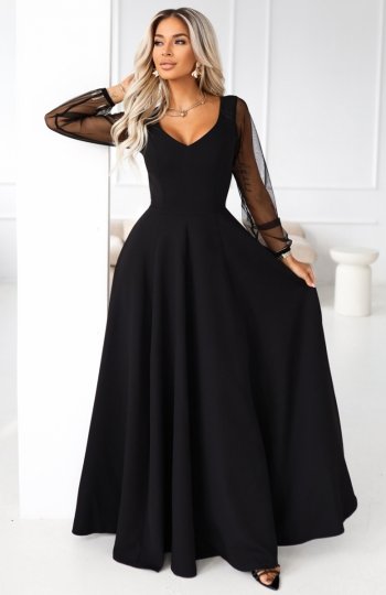 Numoco 640-2 LORETTA wyjątkowa długa sukienka z tiulowymi rękawami i dekoltem 