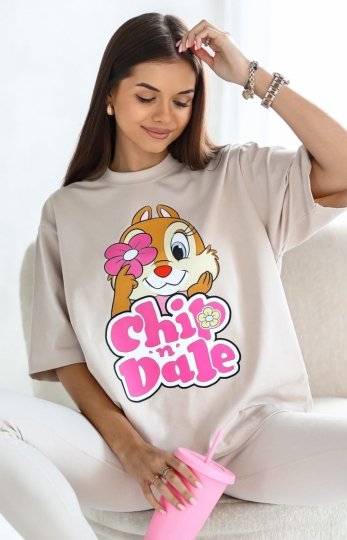Oversizowy t-shirt Chip and Dale beż