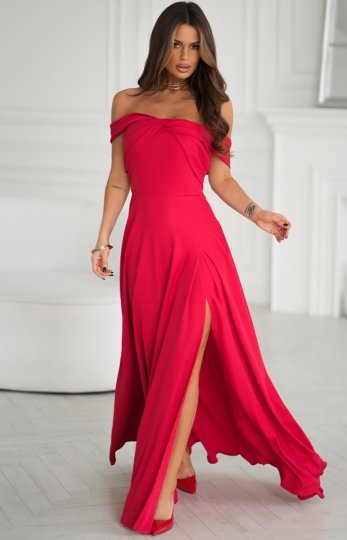 Połyskująca długa sukienka z hiszpańskim dekoltem czerwona