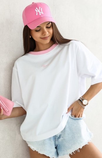 Basicowy t-shirt z kolorową stójką biały