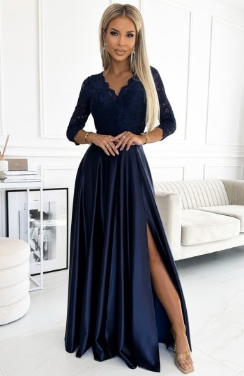 Numoco 309-7 AMBER koronkowa długa satynowa suknia z dekoltem 