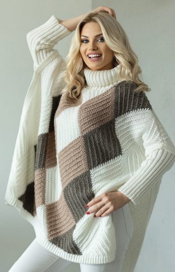 Sweter poncho z rękawami kremowy 30088