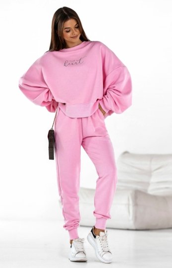 Dres Heart – oversizowa bluza i spodnie z szeroką gumą w pasie róż cukierek