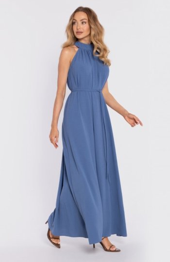 Moe sukienka maxi halter neck z paskiem jeansowa M915 
