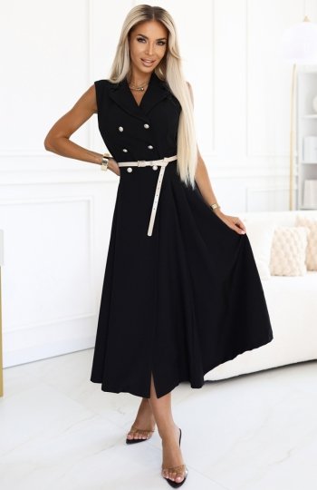 Numoco 596-3 elegancka szmizjerka midi ze złotymi guzikami i paskiem 
