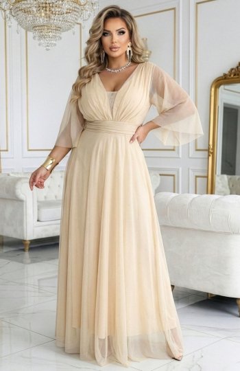Numoco 654-2 długa połyskująca sukienka plus size z dekoltem i transparentnym rękawkiem 
