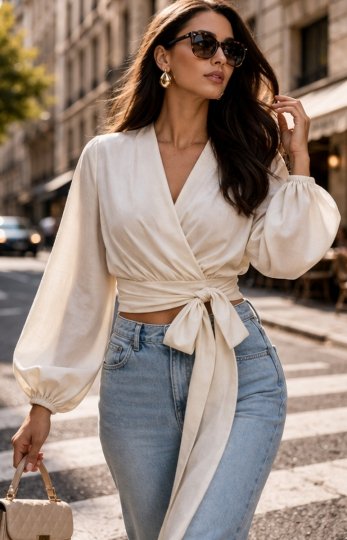 Bluzka kopertowa z wiązaniem – 100% wiskoza ecru