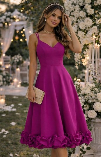 Rozkloszowana sukienka midi z ozdobnymi kwiatami magenta