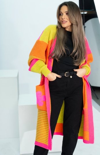 Oversizowy długi kardigan damski z kiszeniami Marbelio neon - polska marka